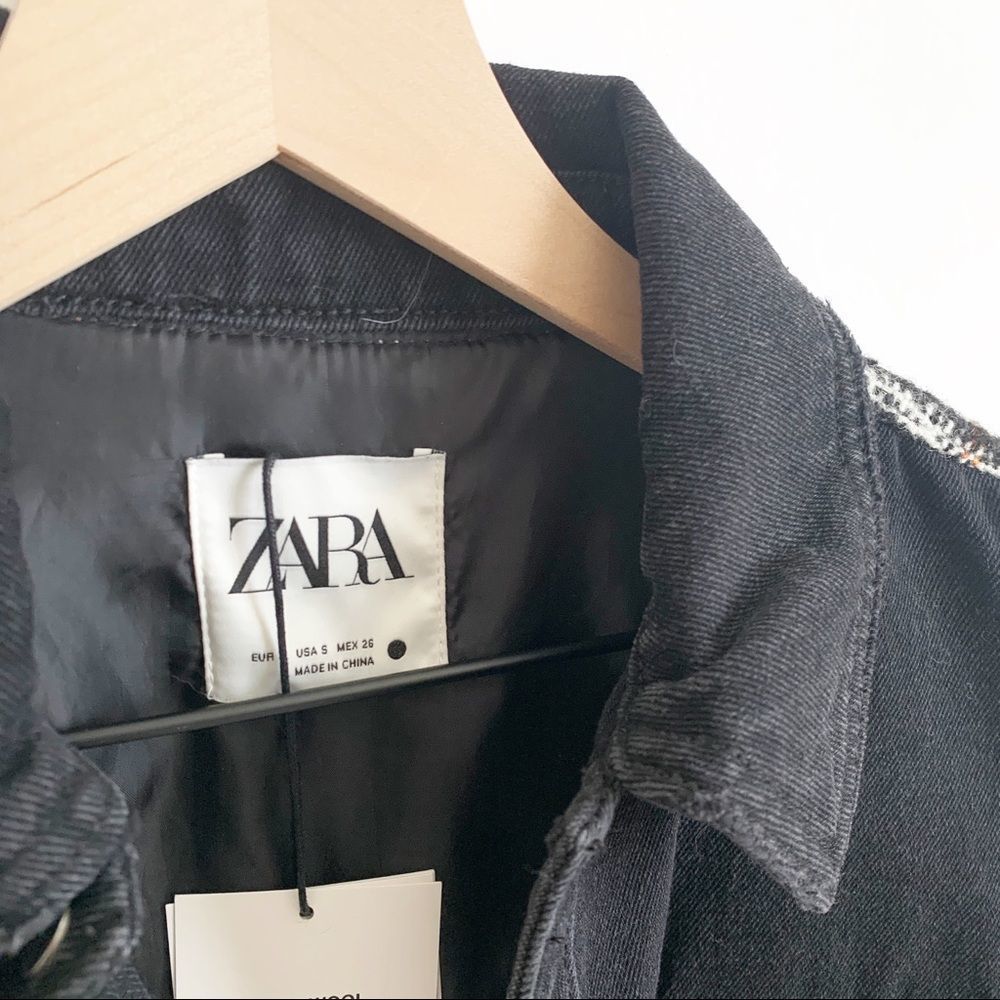 Zara Denim Oversized Jacket Fray Hem Snap Front Plaid Black Size S - Picture 7 of 9